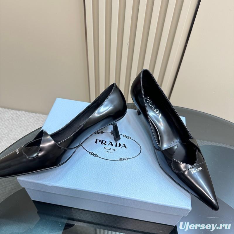 2025 Women Prada Black Leather Heels KFY00310