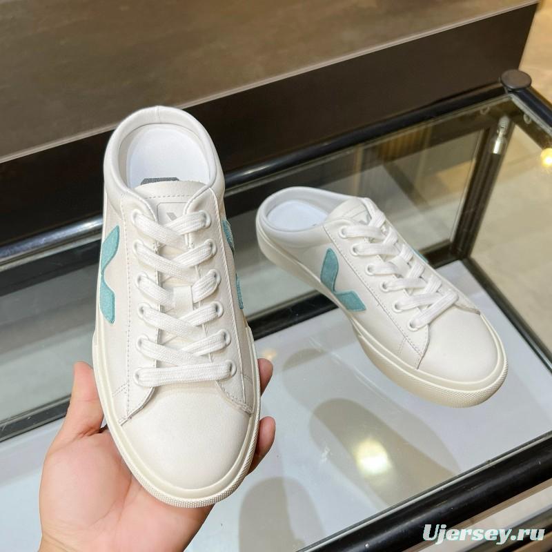 2025 VEJA White Blue Leather Canvas Slip-On Sneakers