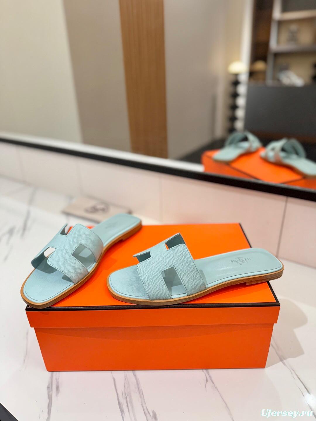 2025 Women Hermès Light Blue Leather Slippers