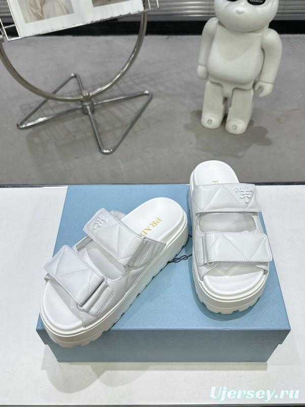 2025 Women Prada White Leather Sandals