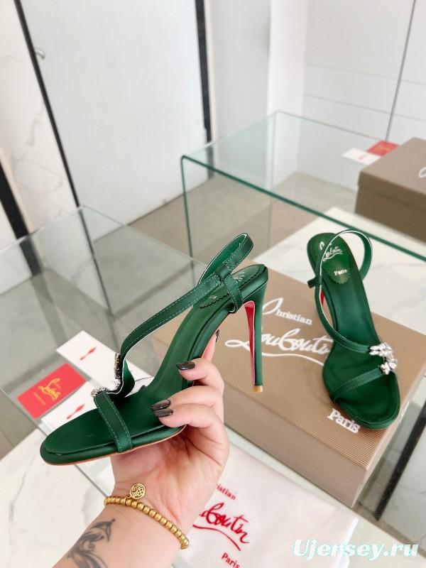 2025 Women Christian Louboutin Green Silk High Heel Crystal Sandal LY00300