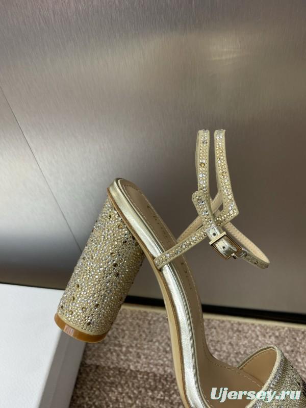 2025 Women Dior Gold Crystal Embellished Leather Sandals KFY00320