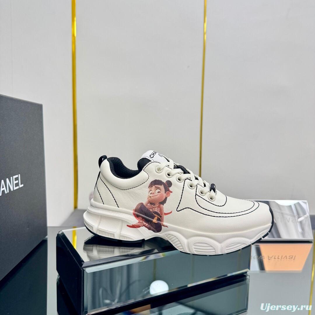 2025 Women Chanel White Leather Sneakers Cartoon Graphic
