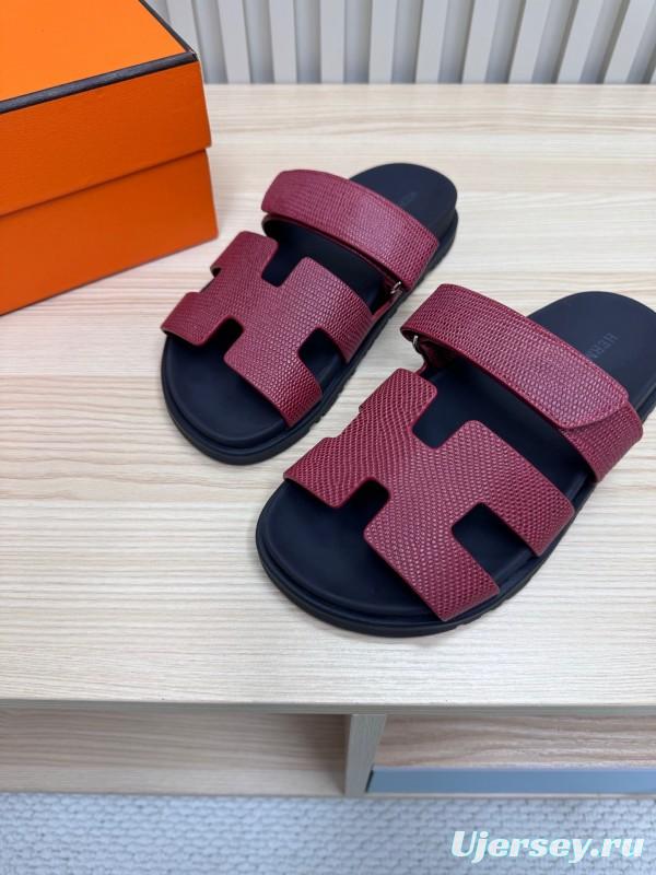 2025 Slippers Hermès Burgundy Black Leather Slide KFY00260