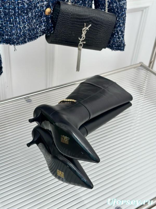 2024 Women YSL Black Leather Boots Chain Detail