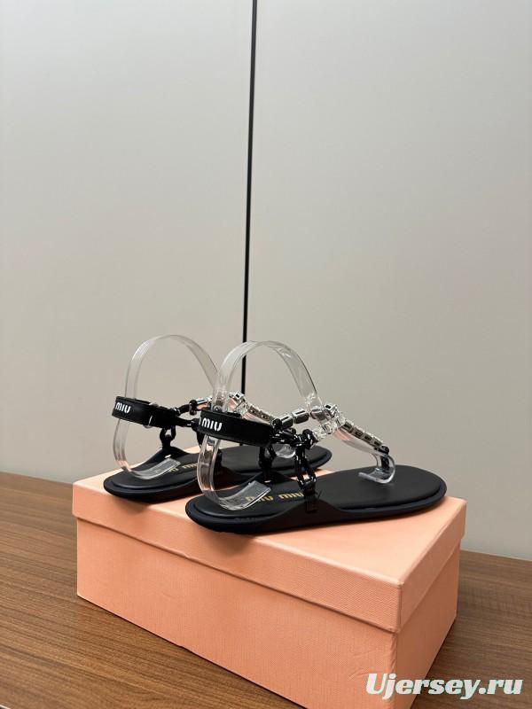 2025 Women Miu Miu Black Leather Rhinestone Sandals LY