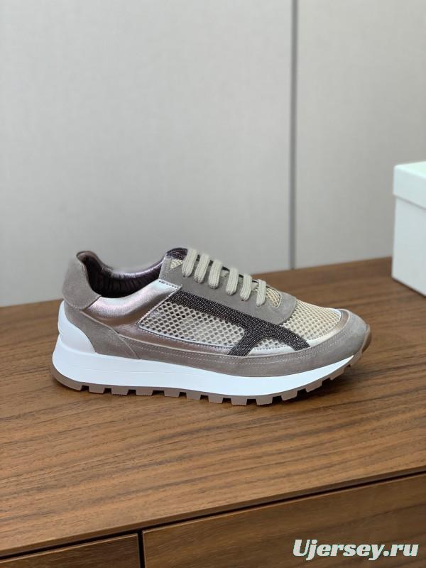 2025 Women Brunello Cucinelli Beige Brown Mesh Leather Sneakers