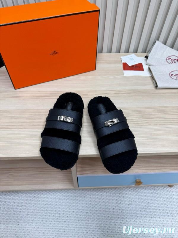 2024 Women Hermès Black Leather Shearling Slippers