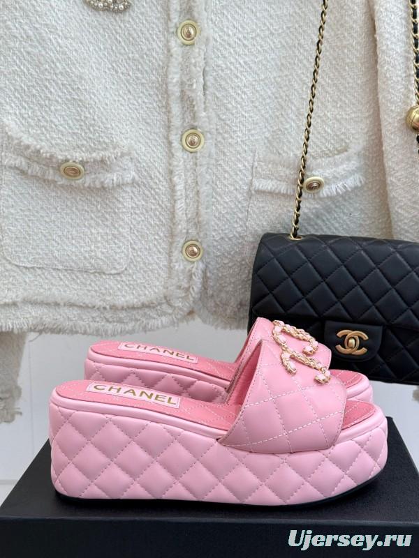 2025 Women Chanel Pink Leather Platform Slide Sandals