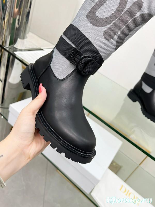 2024 Women Dior Black Grey Leather Fabric Knee High Boots