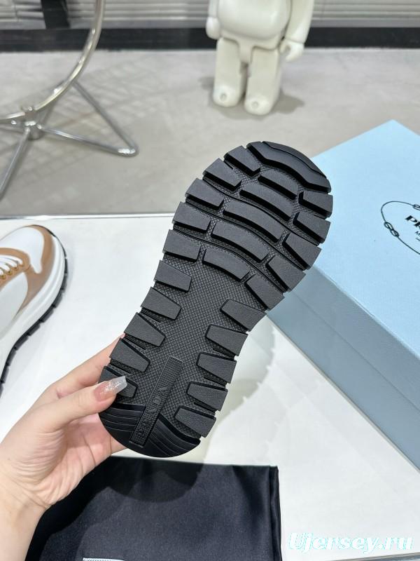 2025 Women Prada White Brown Leather Sneakers