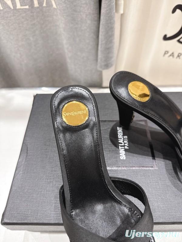 2025 Women Yves Saint Laurent Black Leather High Heel Slide Sandals With Gold Medallion Detail - LY00360(F)