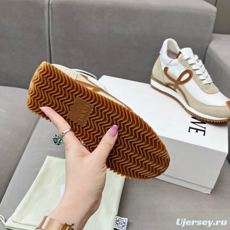 2025 Unisex Loewe White Beige Brown Leather Fabric Sneakers LY00270