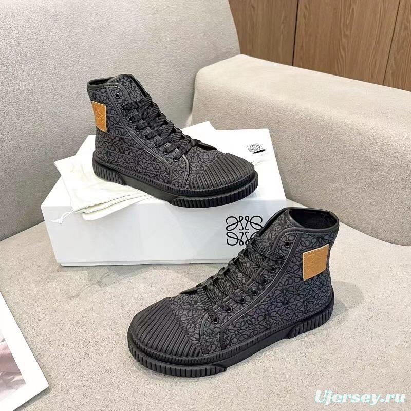 2025 Women Loewe Black Fabric Leather High-Top Sneakers LY00291