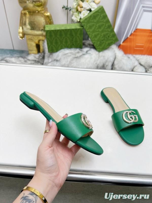 2025 Women Gucci Green Leather Flat Heel Slippers Double G Buckle MJ00190