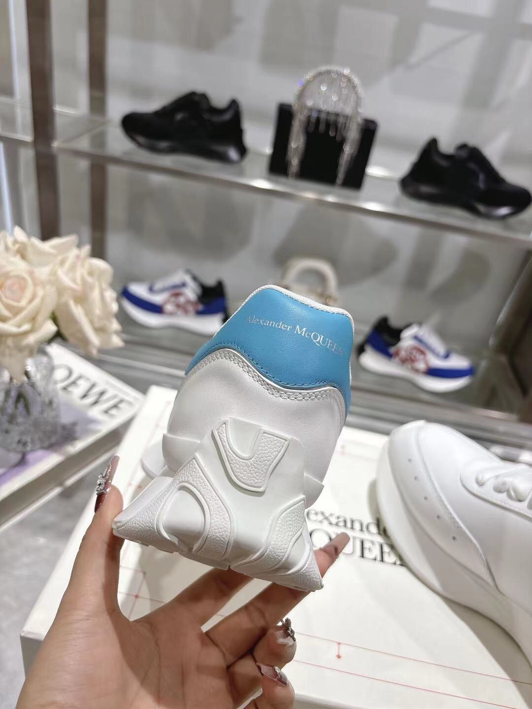 2025 Women Alexander McQueen White Blue Leather Sneakers LY00340