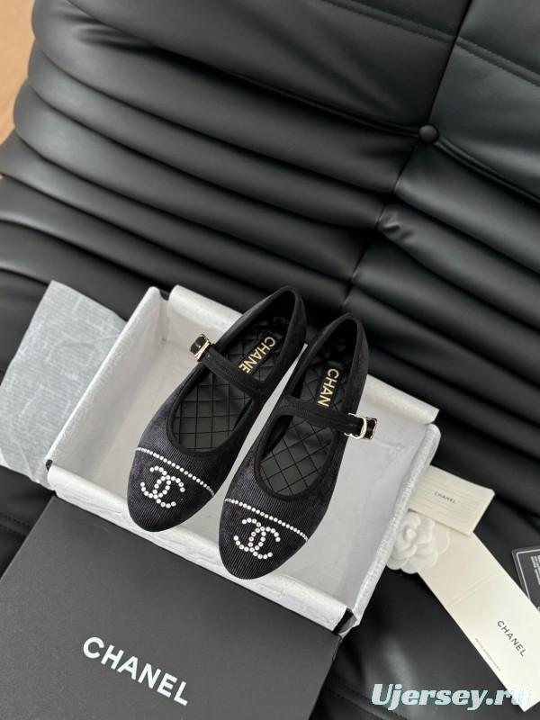 2025 Women Chanel Black Velvet Mary Jane Embroidered LY00280