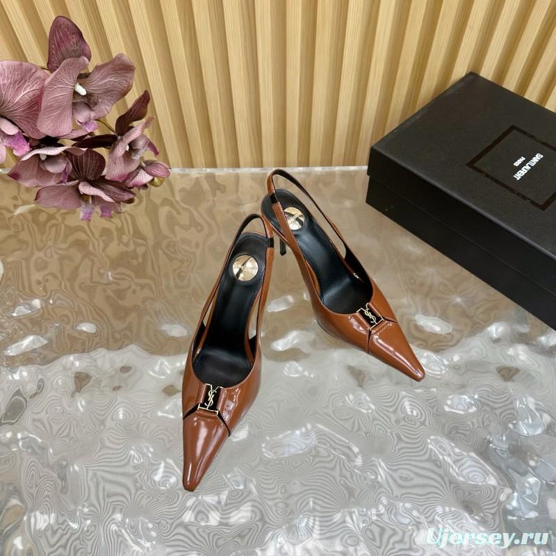 2025 Women Yves Saint Laurent Brown Patent Leather Slingback Heels