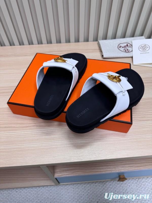 2025 Slippers Hermès White Black Leather Slippers