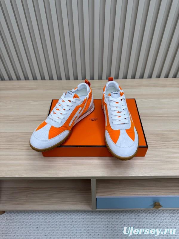 2025 Unisex Hermès Orange White Suede Nylon Sneakers Top Version LY00310