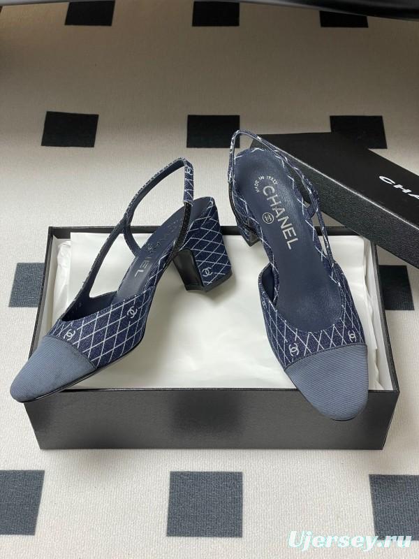 2025 Women Chanel Blue Denim Leather Sling-back Heels