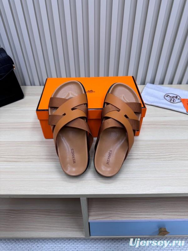 2025 Men Hermès Brown Leather Slippers