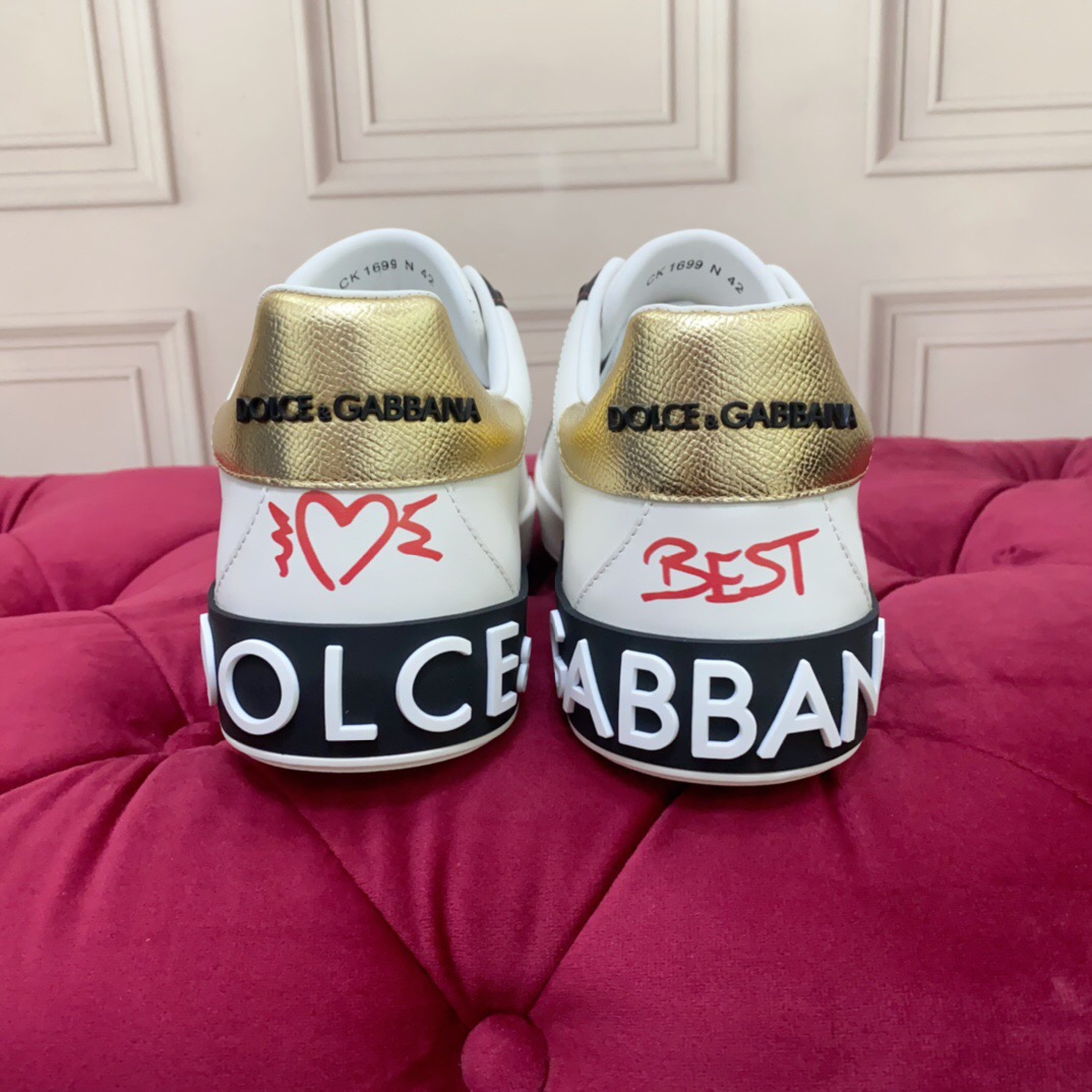2025 Unisex Dolce & Gabbana White Black Gold Leather Sneakers Embroidered LY00340(F)/LY00360(M)