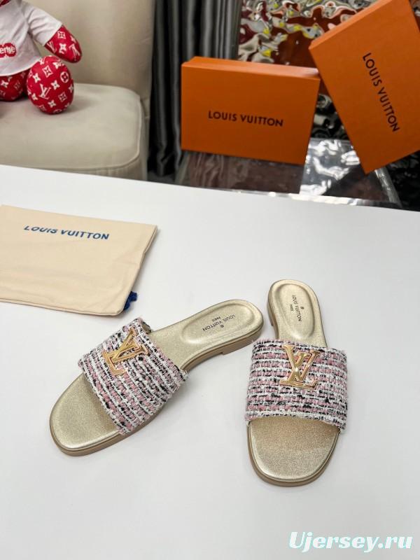 2025 Women Louis Vuitton Pink White Gold Fabric Leather Slippers