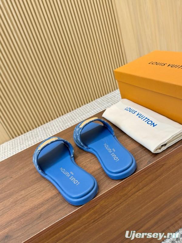 2025 Women Louis Vuitton Blue Denim Leather Slippers LY00200