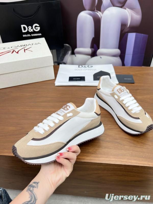 2025 Unisex Dolce & Gabbana White Beige Suede Mesh Sneakers LY00300