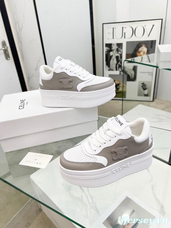 2025 Women Celine White Grey Leather Block Triomphe Sneakers LY00270