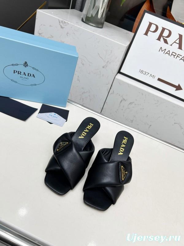 2025 Women Prada Black Leather Slippers LY00270