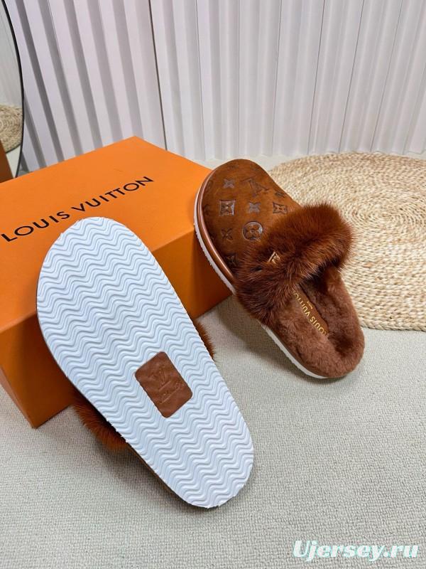 2024 Slippers Louis Vuitton Brown Suede Shearling Slippers MJ00340
