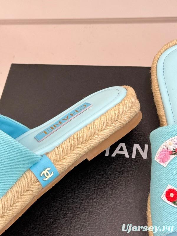2025 Slippers Chanel Light Blue Fabric Women Embroidered Floral CC Logo KFY00230