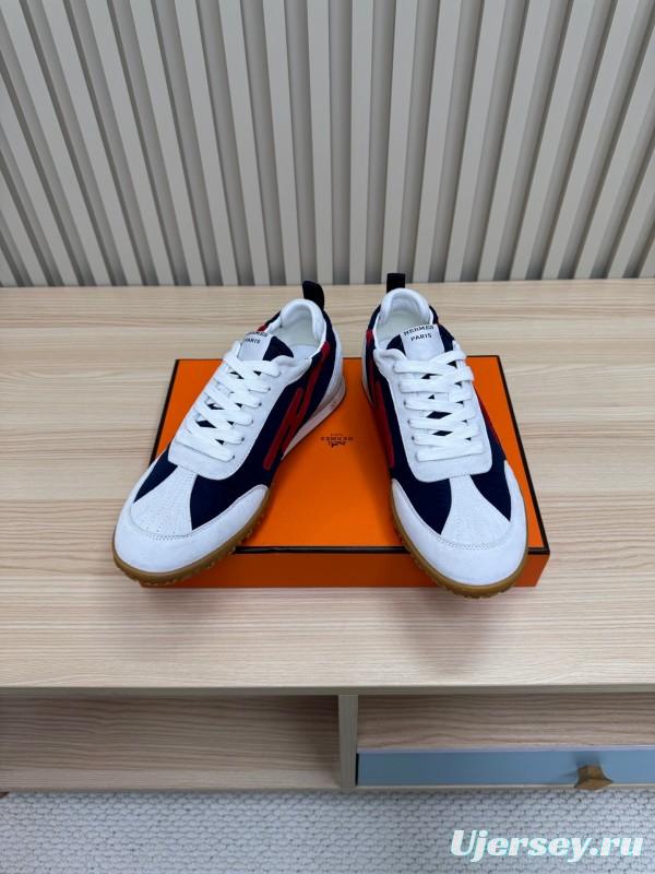 2025 Unisex Hermès White Navy Red Suede Down Fabric Sneakers Top Version LY00310