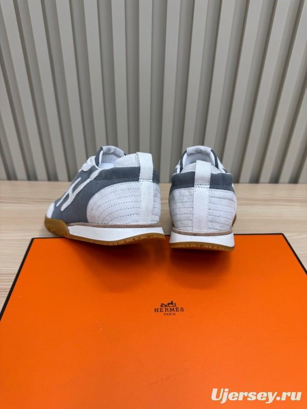 2025 Unisex Hermès White Grey Suede Canvas Sneakers KFY00300