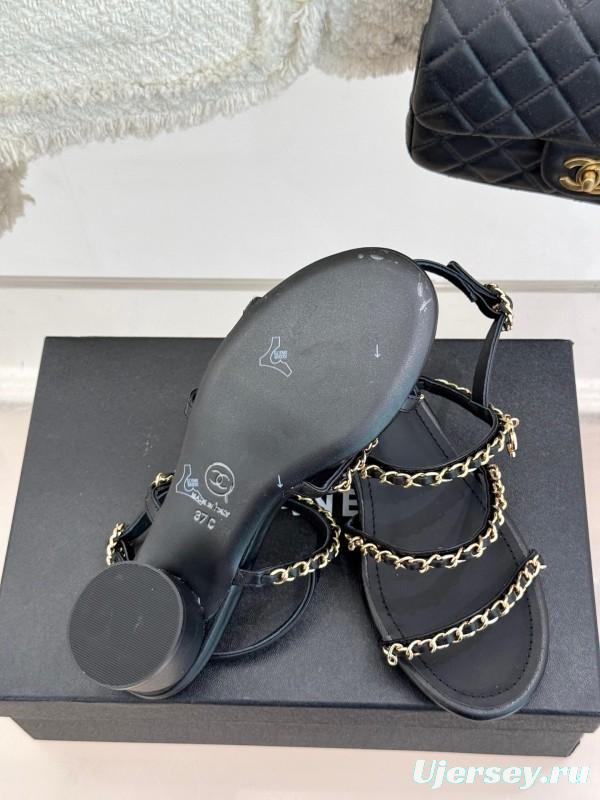 2025 Women Chanel Black Leather Sandals Chain KFY00270