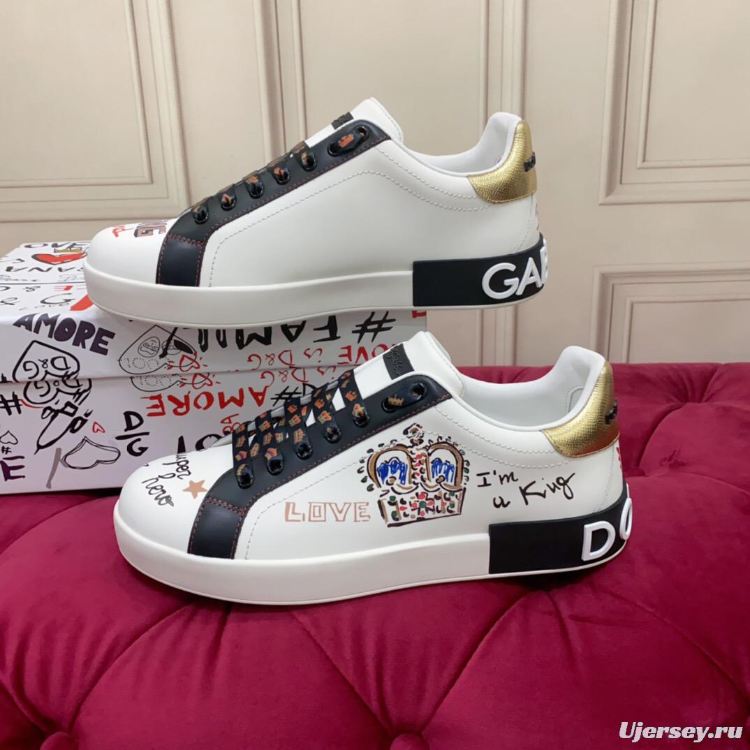 2025 Unisex Dolce & Gabbana White Black Gold Leather Sneakers Embroidered LY00340(F)/LY00360(M)