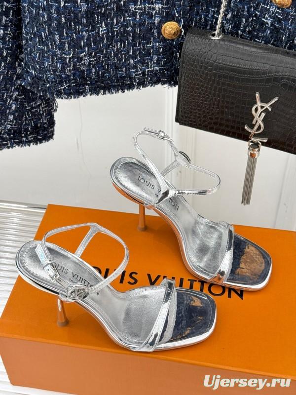 2025 Women Louis Vuitton Silver Calfskin Leather Strappy High Heel Sandals KFY00280