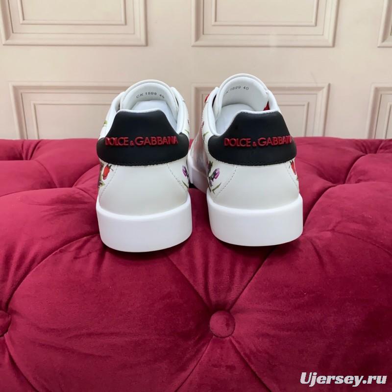 2025 Women Dolce & Gabbana White Red Leather Sneakers Floral LY00300