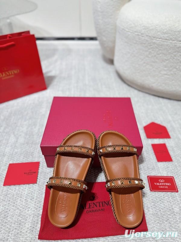 2025 Women Valentino Brown Leather Sandals Rope Braided LY00250