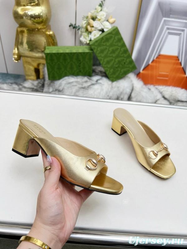 2025 Women Gucci Gold Leather Heeled Slip-On Horsebit MJ00180