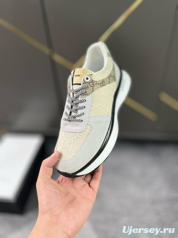 2024 Men Gucci Beige Brown Canvas Leather Sneakers MJ00260