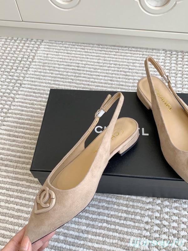 2025 Women Chanel Beige Suede Slingback Heart Logo KFY00300