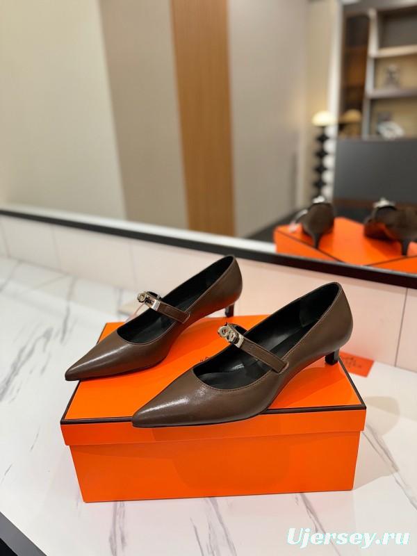 2025 Women Hermès Brown Leather Mary Jane 4cm Heel KFY00330