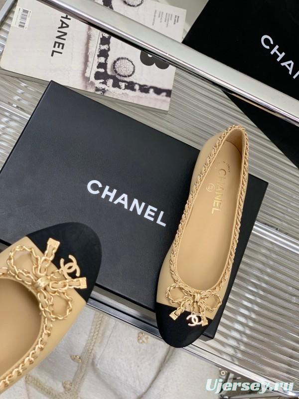 2025 Women Chanel Beige Black Leather Ballet Flats