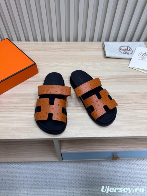 2025 Women Hermès Brown Black Leather Slippers