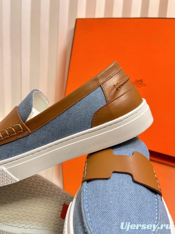 2025 Women Hermès Blue Brown Leather Canvas Loafer LY00310