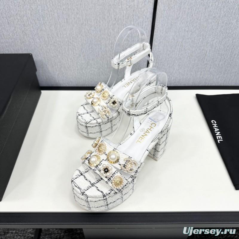 2025 Women Chanel White Black Fabric Platform Sandals Pearl Embellishment