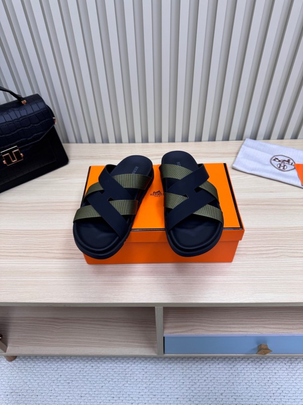 2025 Men Hermès Black Green Fabric Leather Slippers
